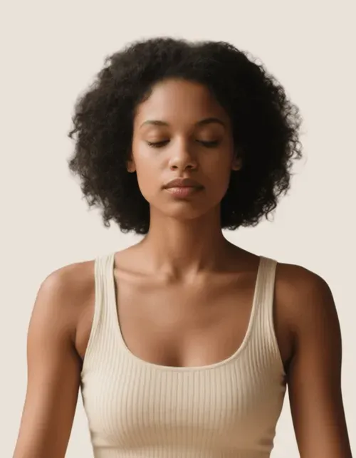 Yoga teacher portrait in beige tank top